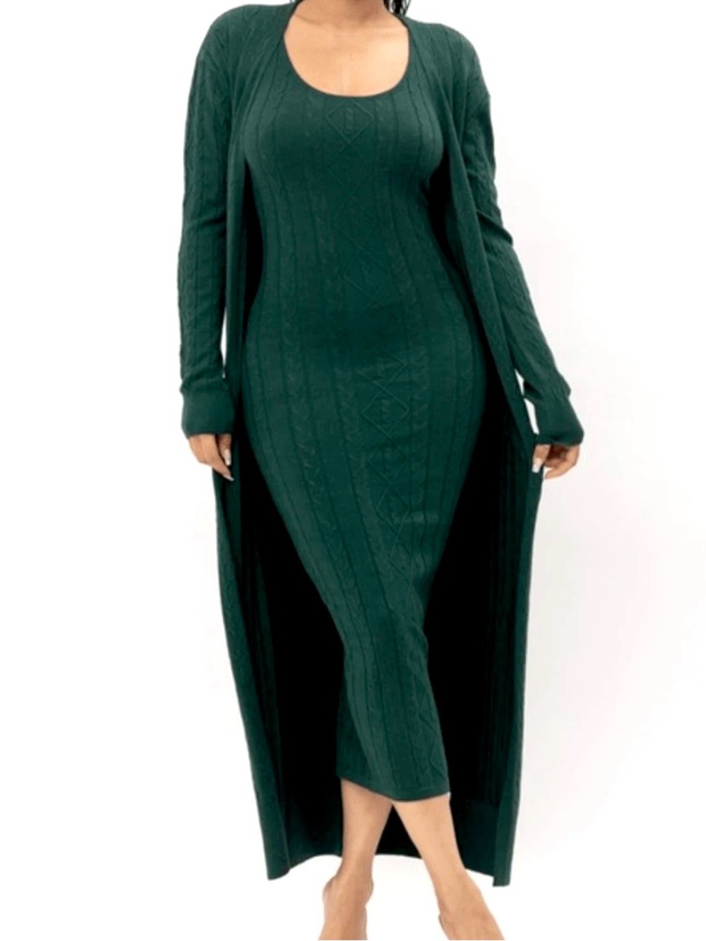 Dark Green Cable Knit Maxi Dress with Long Cardigan